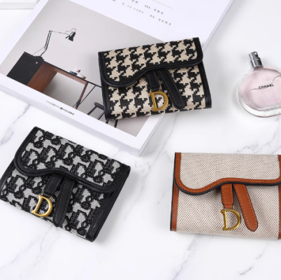 Ladies retro three-fold long wallet with gold D-buckle and large card capacity in [Insert Color] on white background.