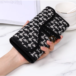 Ladies retro three-fold long wallet with gold D-buckle and large card capacity in [Insert Color] on white background.