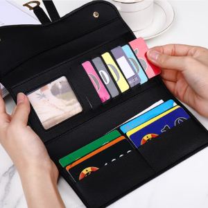 Ladies retro three-fold long wallet with gold D-buckle and large card capacity in [Insert Color] on white background.