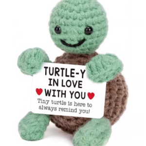Hand-crocheted Turtle doll holding a white positive affirmation sign, sitting on a wooden table.