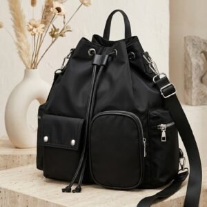 Minimalist 2-in-1 drawstring backpack and shoulder tote bag with multiple pockets, perfect for college or commuting.