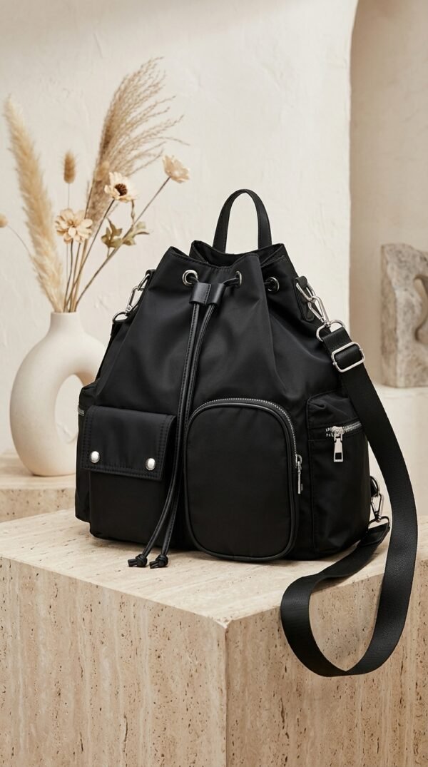 Minimalist 2-in-1 drawstring backpack and shoulder tote bag with multiple pockets, perfect for college or commuting.