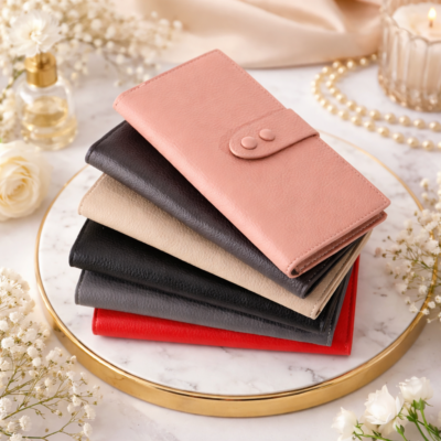 Elegant women's long wallet featuring a textured pebbled finish and a secure metal front buckle.