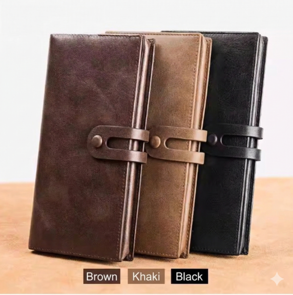 Sleek minimalist men's long wallet opened to show multiple card slots and flat cash compartments.