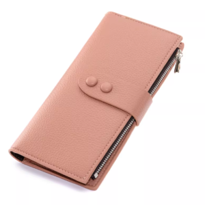 Elegant women's long wallet featuring a textured pebbled finish and a secure metal front buckle.