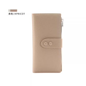 Elegant women's long wallet featuring a textured pebbled finish and a secure metal front buckle.