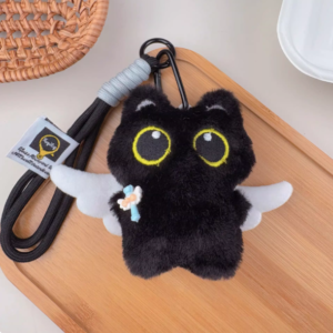 Black cat plush with angel wings and wand (Midnight Meow Guardian)