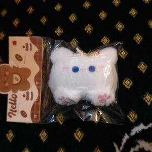 A collection of colorful, assorted mini plush keychain charms arranged neatly, individually packaged.