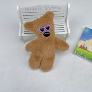 A collection of classic brown plush teddy bear keychains in various quirky styles attached to a bag.