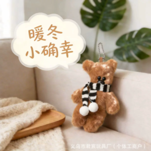 A collection of classic brown plush teddy bear keychains in various quirky styles attached to a bag.